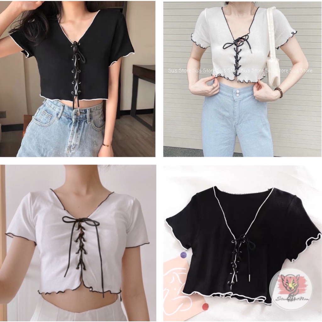 Áo Croptop Viền Chỉ Cổ V Phối Dây Cột | Áo croptop cột nơ - | [Ảnh thật cuối]  | steven.factory