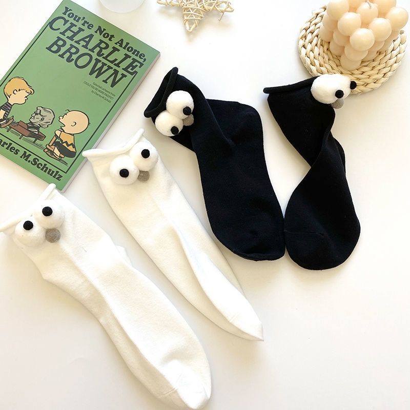 Vớ Ren Kẻ Sọc Trắng Đen Họa Tiết Đôi Mắt To Hoạt Hình Phong Cách Nhật Bản Đáng Yêu Cho Nữ