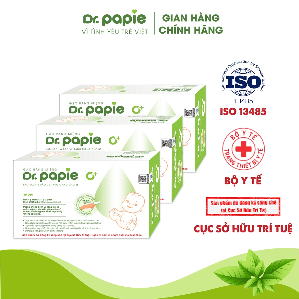 3 Hộp Gạc Rơ Lưỡi Dr.Papie Tiêu Chuẩn 5SAO, Làm Sạch Răng, Lưỡi, Nướu và Khoang Miệng Cho Bé - 30Gói/Hộp x 3