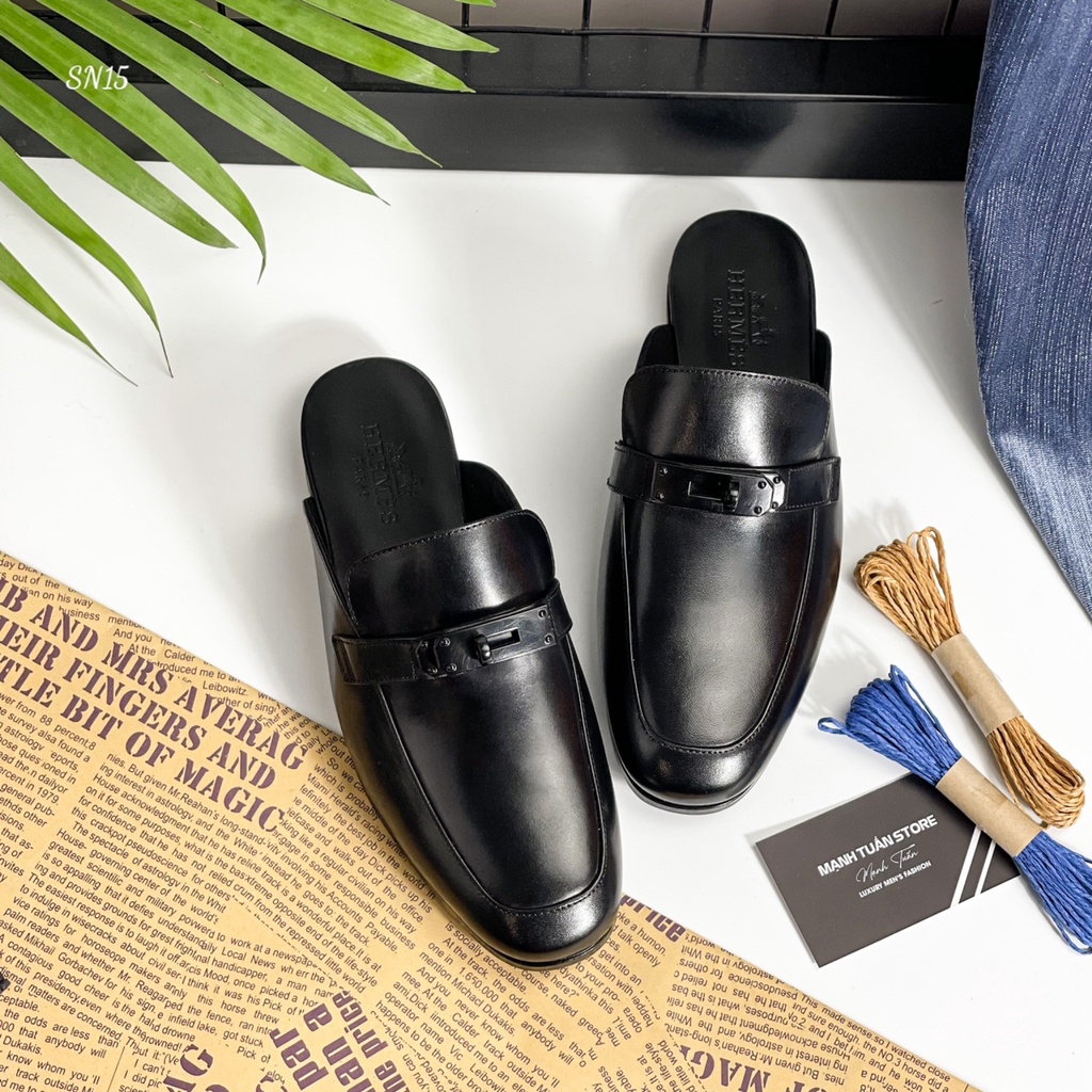 Sục nam cao cấp - Giày mules Hermes nam Da bò nguyên miếng, đế gỗ sồi cùng quai kim loại cực kì sang trọng SN15
