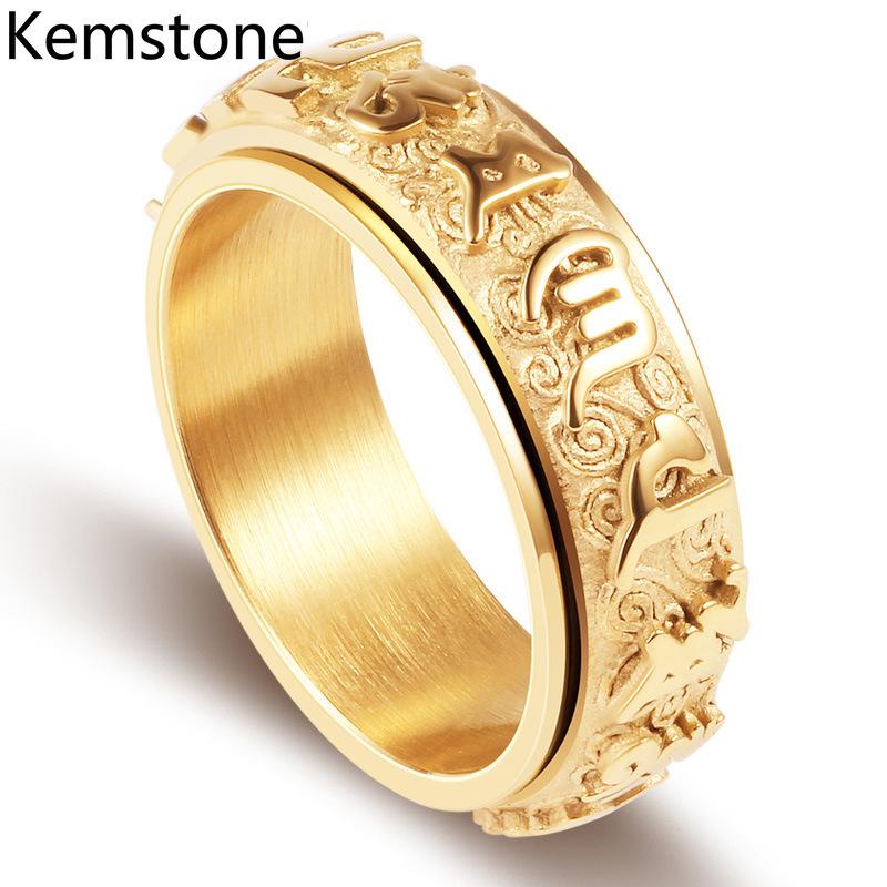 Thời Trang Kemstone Nhẫn Xoay Sáu Chữ Kinh Thánh Phật Giáo Cổ Điển Bằng Thép Không Gỉ Cho Nam Nữ, Quà Tặng Trang Sức