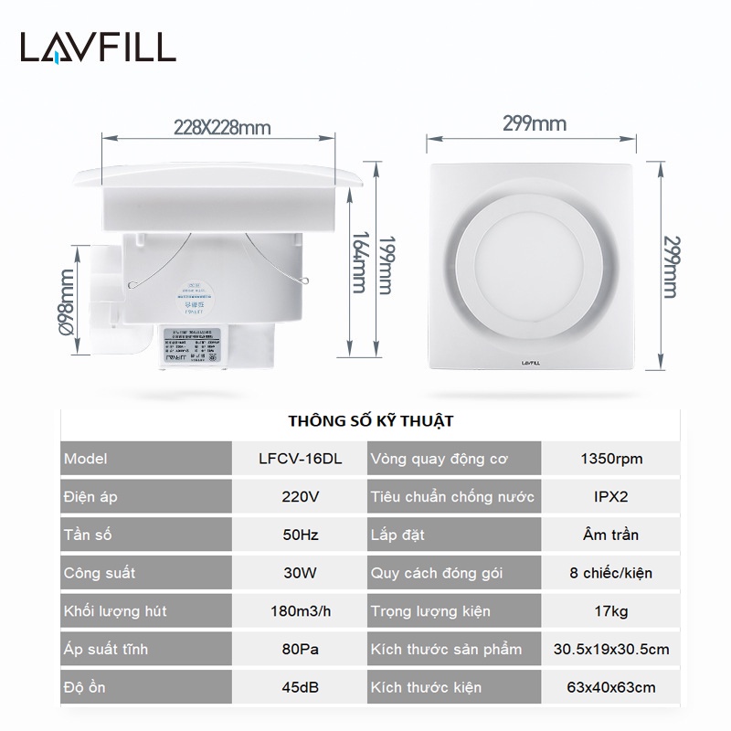 Quạt thông gió âm trần có đèn LED với bề mặt 250x250mm LAVFILL LFCV-12DL