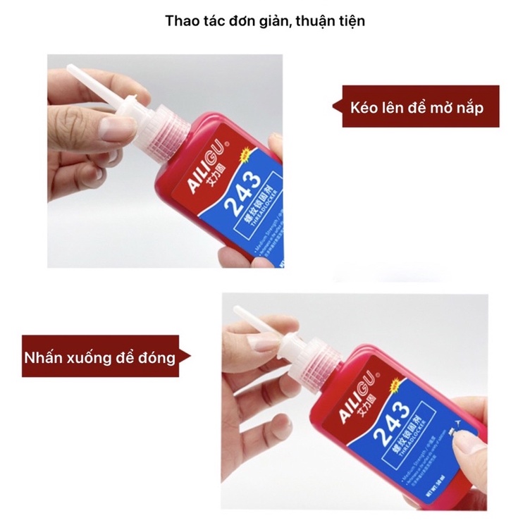 Keo khóa ren 222 242 243 262 263 271 272 277 290 ailigu 50ml, keo khoá ốc, keo chống rung xoay ốc vít xe máy.