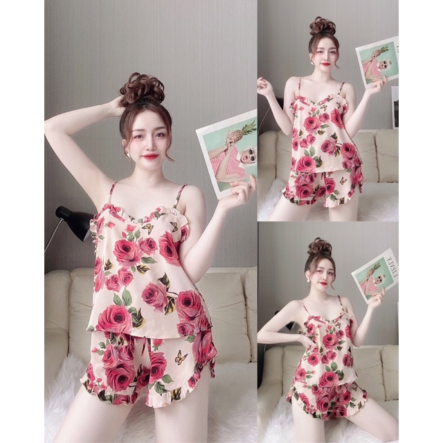 Đồ Ngủ Sexy Nữ, Bộ Ngủ Mango Chạy Viền Xếp Ly Quần Có Túi
