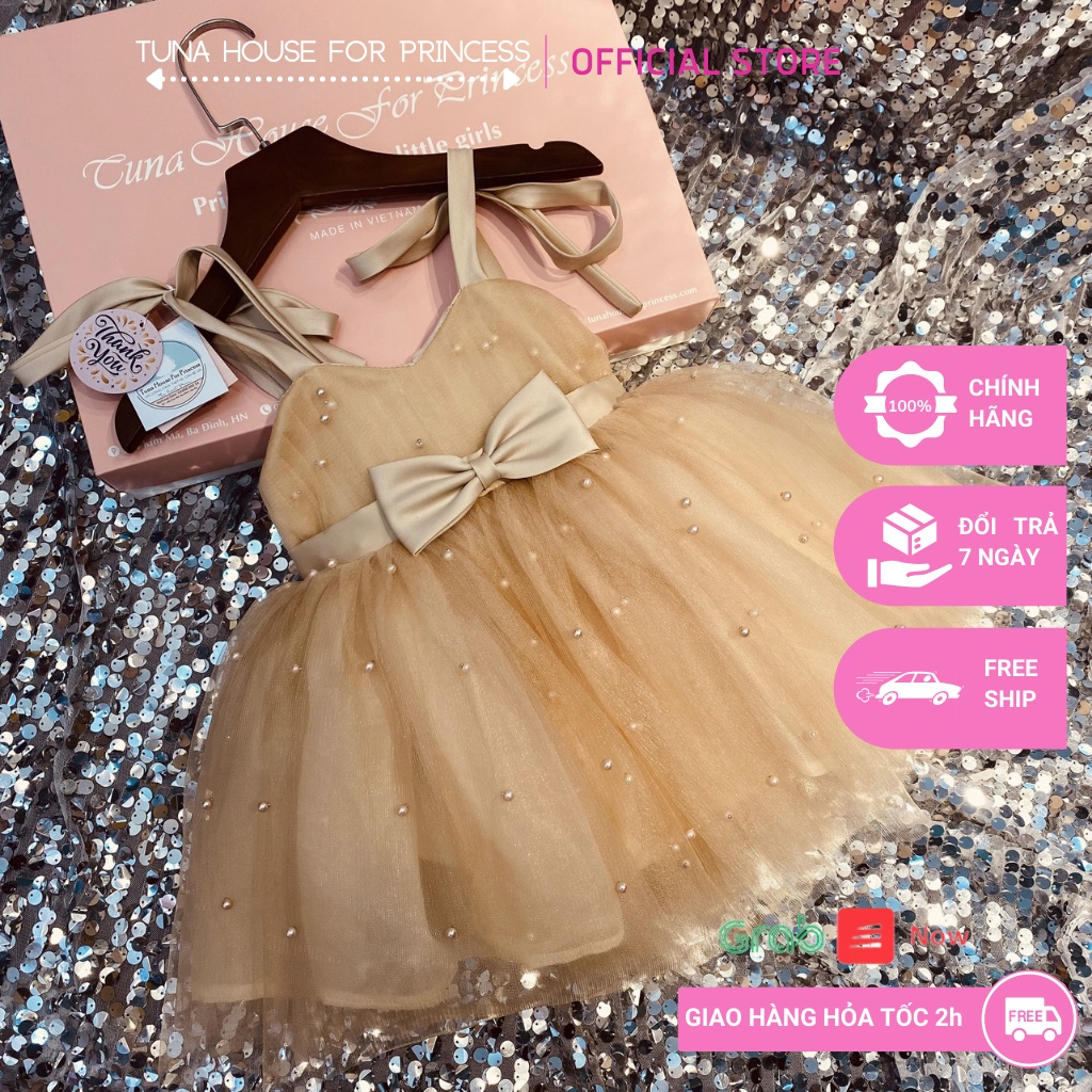 Váy đầm xoè công chúa thiết kế cho bé gái 2 dây kết hạt màu nâu tây - Tuna House For Princess