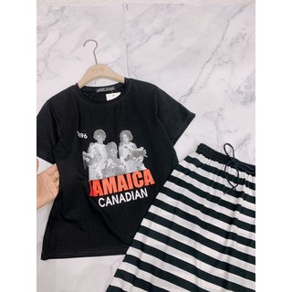 Set áo phông đen  + chân váy maxi kẻ