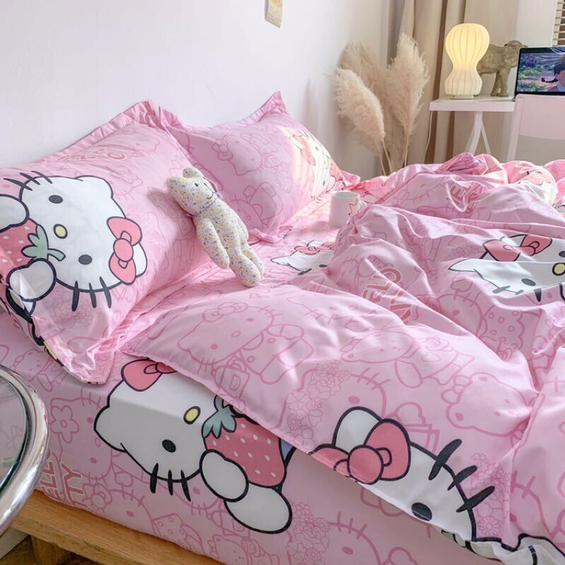 Bộ chăn ga poly nhập khẩu có ruột dày-mẫu Hello Kitty