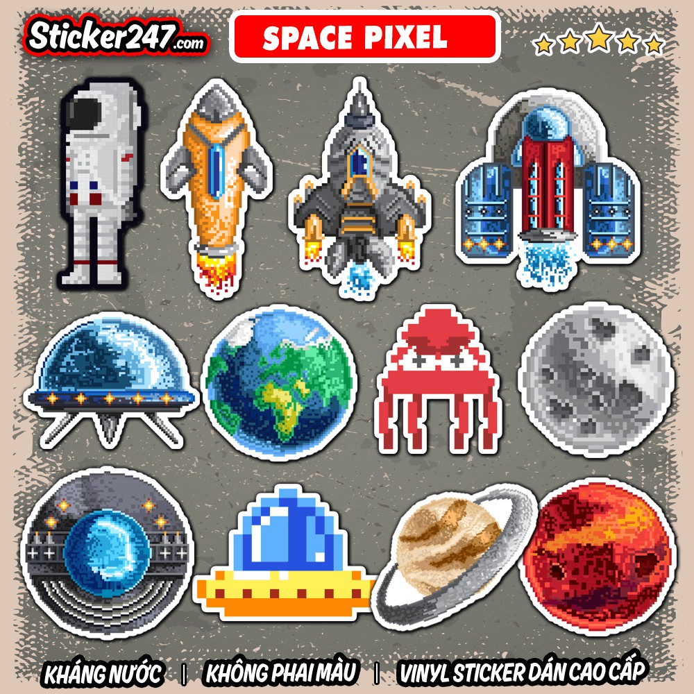 Sticker Space Pixel không gian 𝑭𝒓𝒆𝒆𝒔𝒉𝒊𝒑 chống nước sticker dán laptop, điện thoại, đàn, mũ bảo hiểm, vali  SPA15