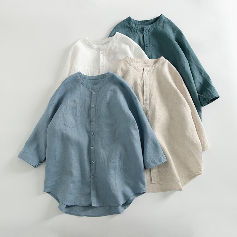 Ice cotton linen tops seven short-sleeved shirt Japanese orphaned female cut label loose solid color ramie