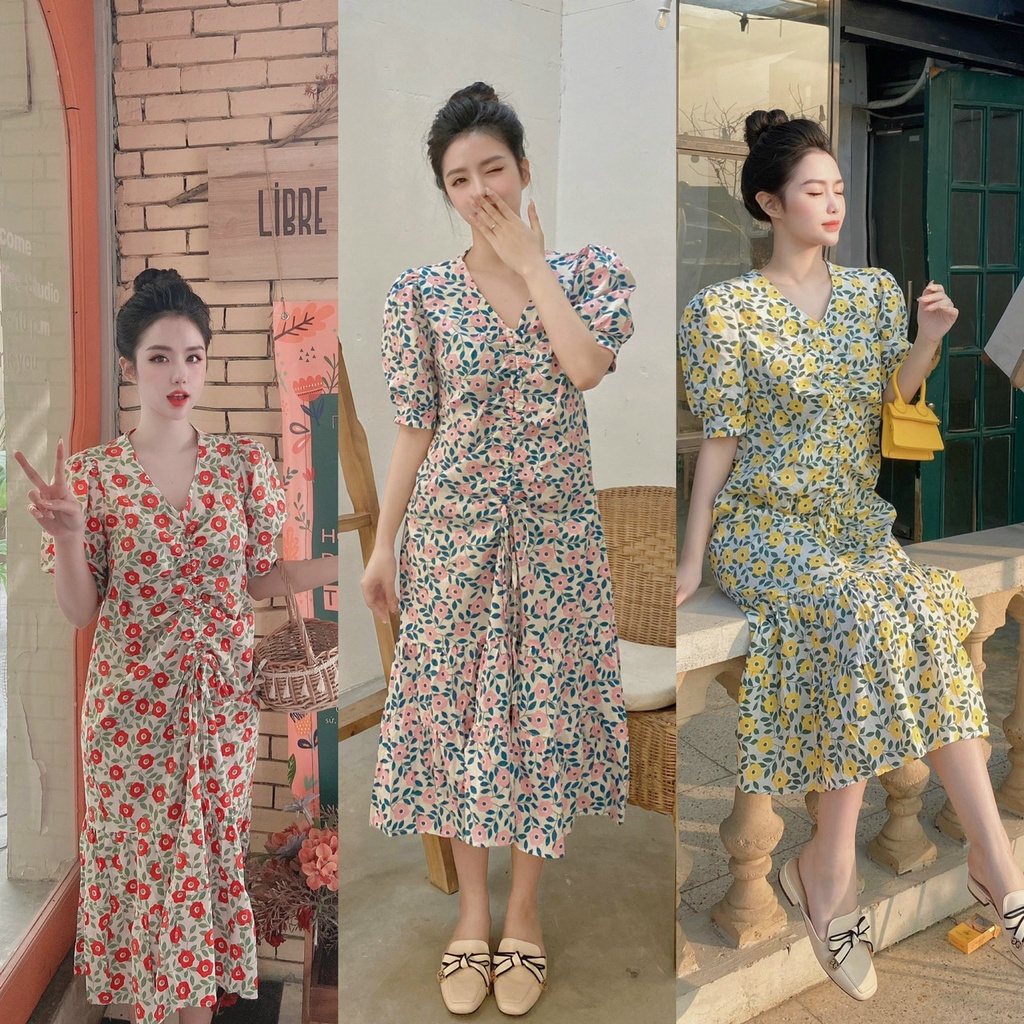 Váy hoa nhí rút dây thiết kế váy maxi nữ dáng dài LT604