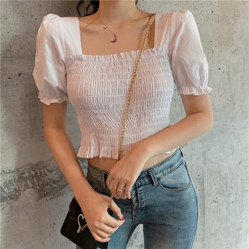 Áo Ulzzang Peplum Maoshop nhún ngực tay phồng Hàn Quốc, Áo peplum trắng bẹt vai tôn dáng cao cấp C40 - Maoshop | BigBuy360 - bigbuy360.vn