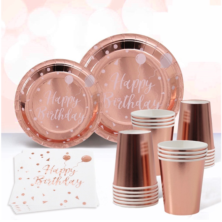 Set đĩa/ cốc/ khăn giấy màu vàng hồng dùng một lần cho tiệc cưới/ sinh nhật