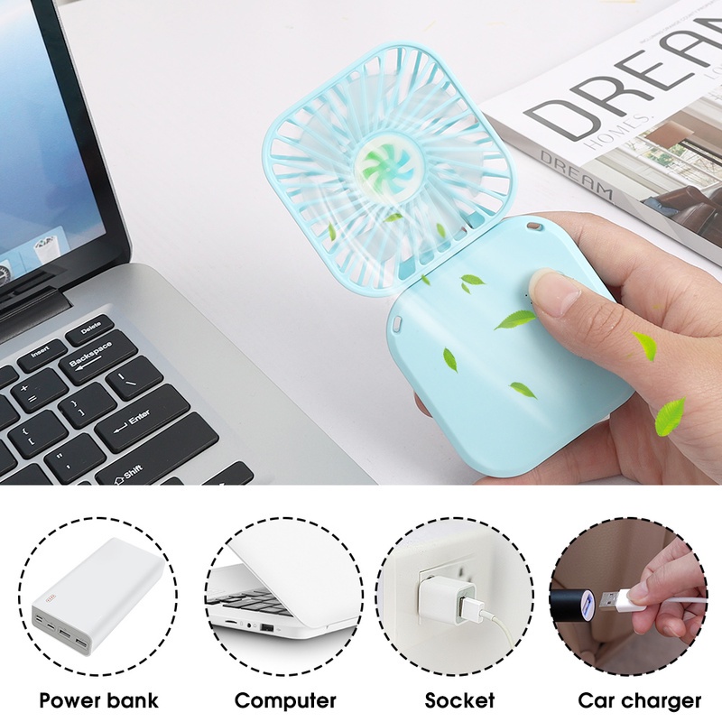 Quạt Điện Làm Mát Để Bàn Mini Bằng Nhựa Gấp Được 3 Tốc Độ Kèm Dây Treo Và Sạc USB 180 Độ Tiện Dụng Mang Theo Du Lịch