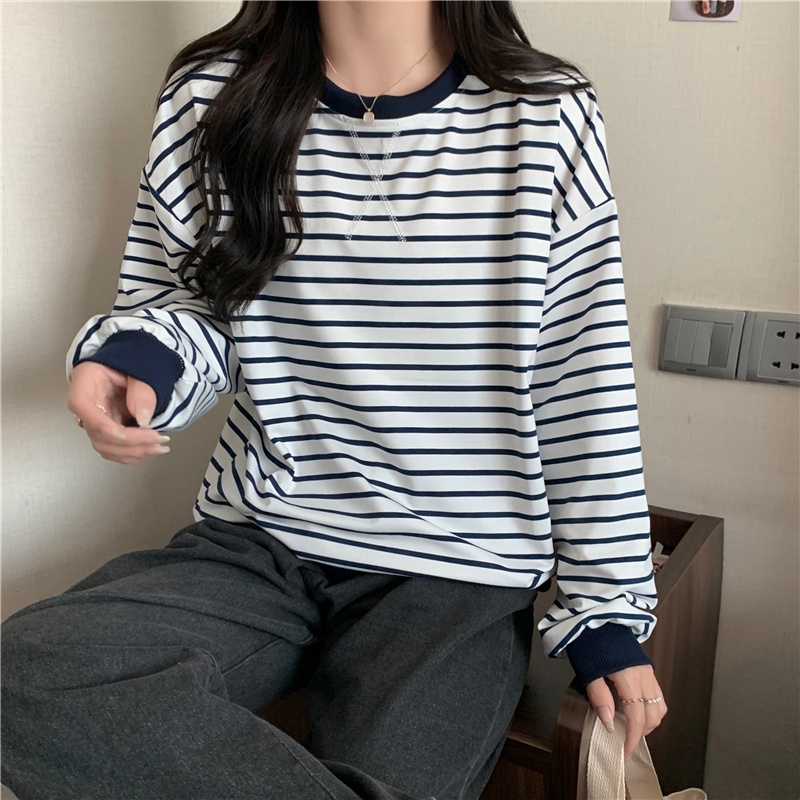 Áo Thun Lửng Dài Tay Cổ Tròn Sọc Ngang Thời Trang Mùa Thu Hàn Quốc Mới