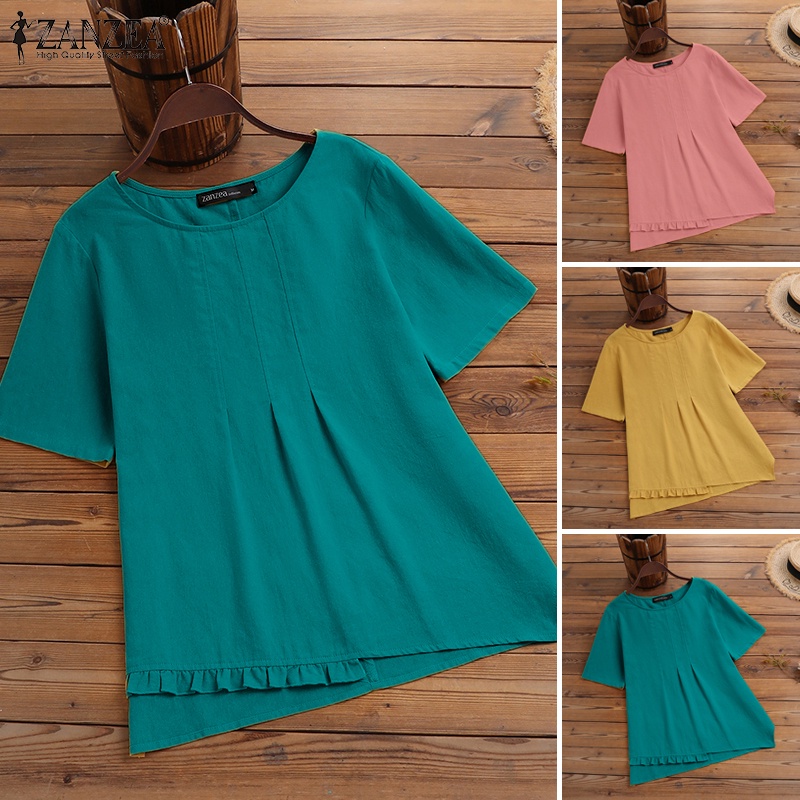 ZANZEA Áo Thun Nữ Ngắn Tay Cổ Tròn Vạt Không Đều Thời Trang