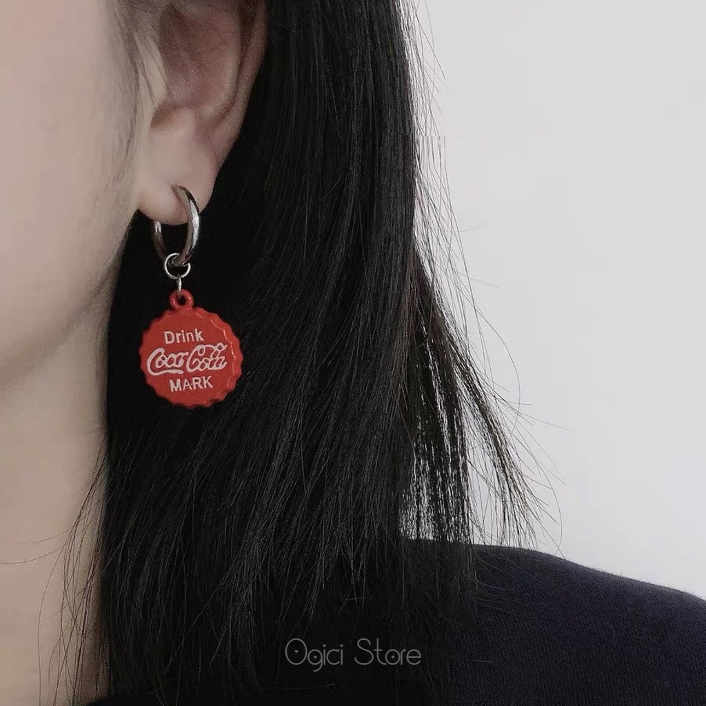 Bông tai, Khuyên tai nam nữ dáng tròn thả thiết kế hình nắp chai coca độc đáo, Cá tính, Unisex, 1 chiếc