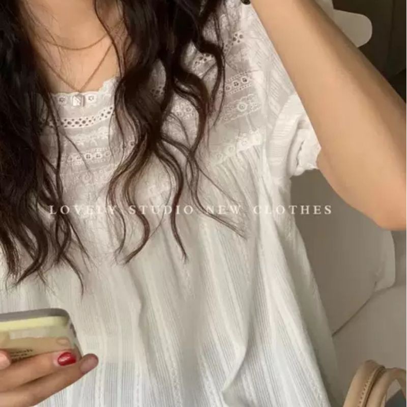 Áo babydoll ren ngực cổ vuông cộc tay vintage ảnh thật