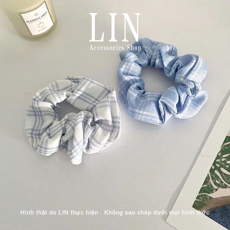 Scrunchies Cột Tóc Vải Caro Màu Xanh LIN Phong Cách Hàn Quốc