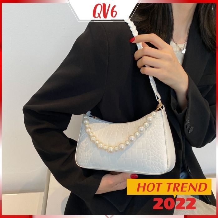 Túi đeo chéo kẹp nách, Túi xách nữ dây da xoắn phối chuỗi ngọc thời trang cao cấp - QV6 Shop