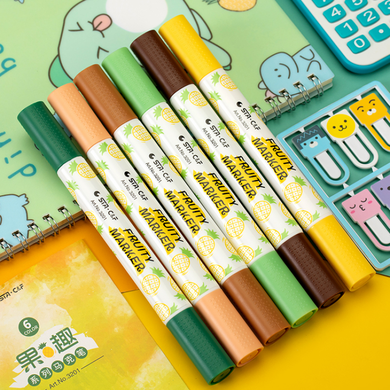 Set 6 bút lông màu đánh dấu vỏ in họa tiết trái cây chất lượng cao