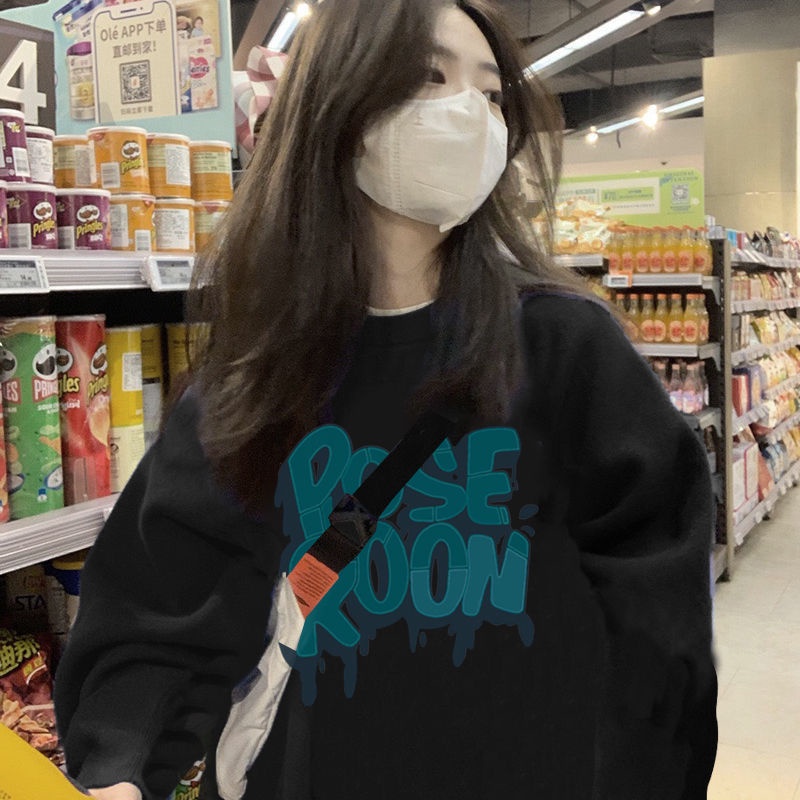 Áo Sweater Cotton Mỏng Cổ Tròn Dáng Rộng Màu Đen Thời Trang Hàn Quốc 2022 Cho Nữ