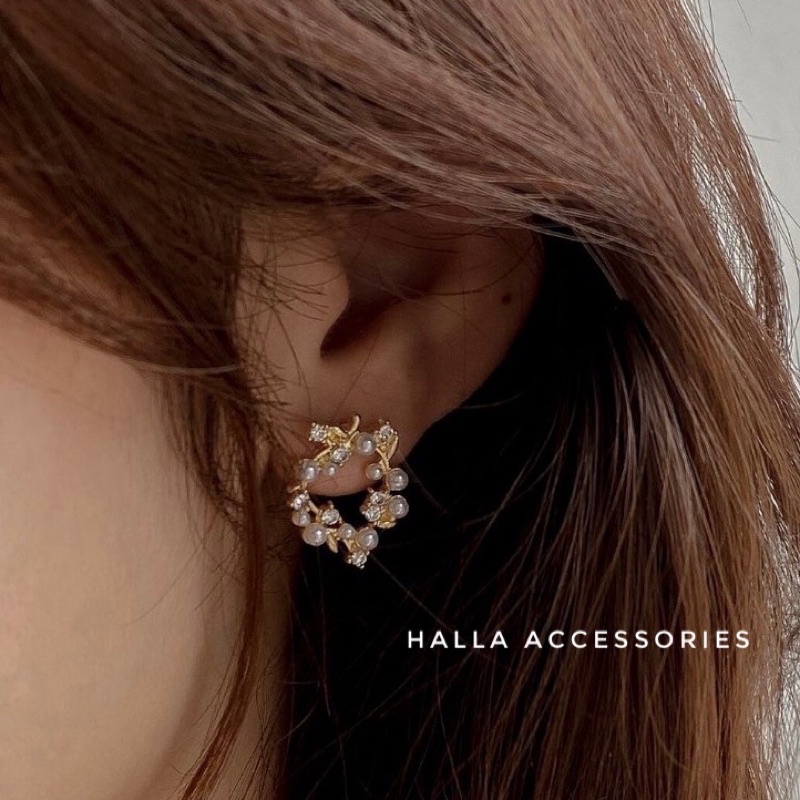 Khuyên tai chuôi bạc S925 Hình hoa nguyệt quế đính đá cao cấp HALLA BT142