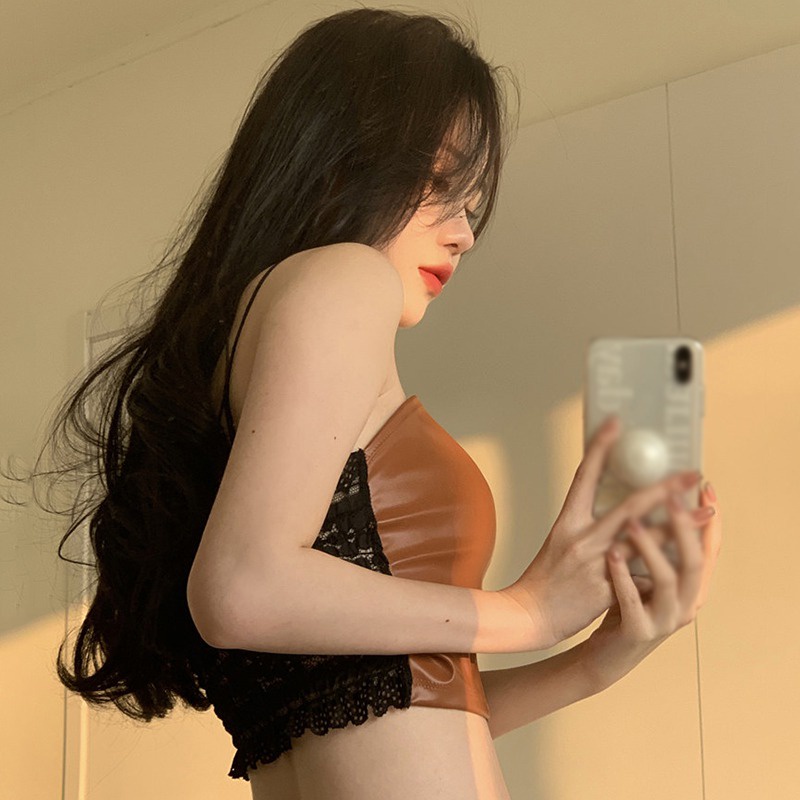 [COD &amp; Hàng Có Sẵn] Áo Croptop Không Tay Bằng Da PU Màu Trơn Có Đệm Ngực Gợi Cảm Cho Nữ