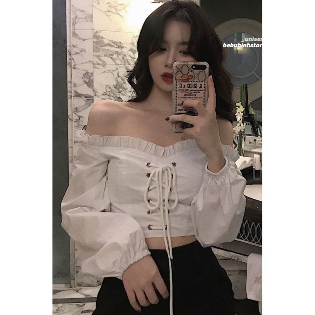 Áo trễ vai tay dài đan dây ngực tay phồng thời trang Hàn Quốc