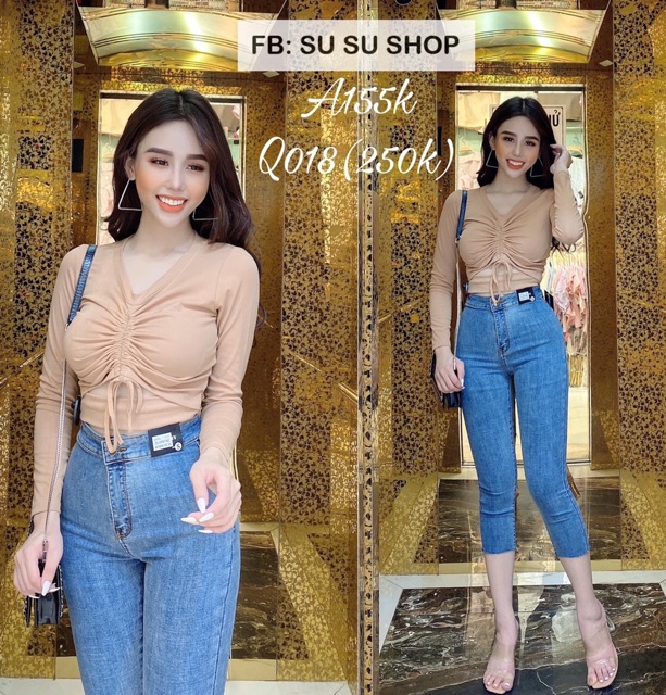 Á croptop tay dài dây rút