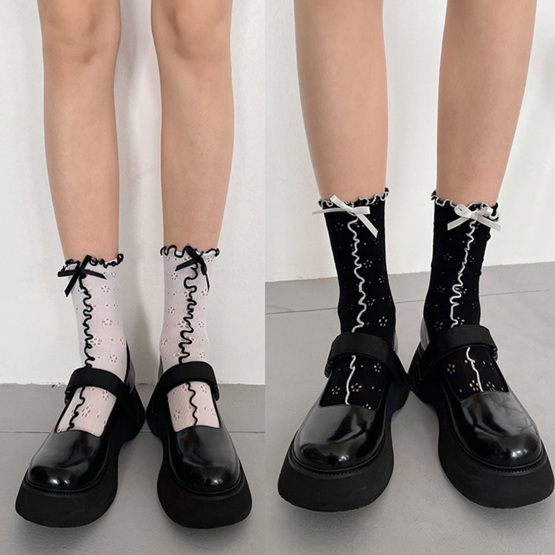 Xixi Vớ Ống Lửng Phối Bèo Và Nơ Họa Tiết Hoa Màu Tương Phản Phong Cách Lolita Ngọt Ngào Cho Nữ