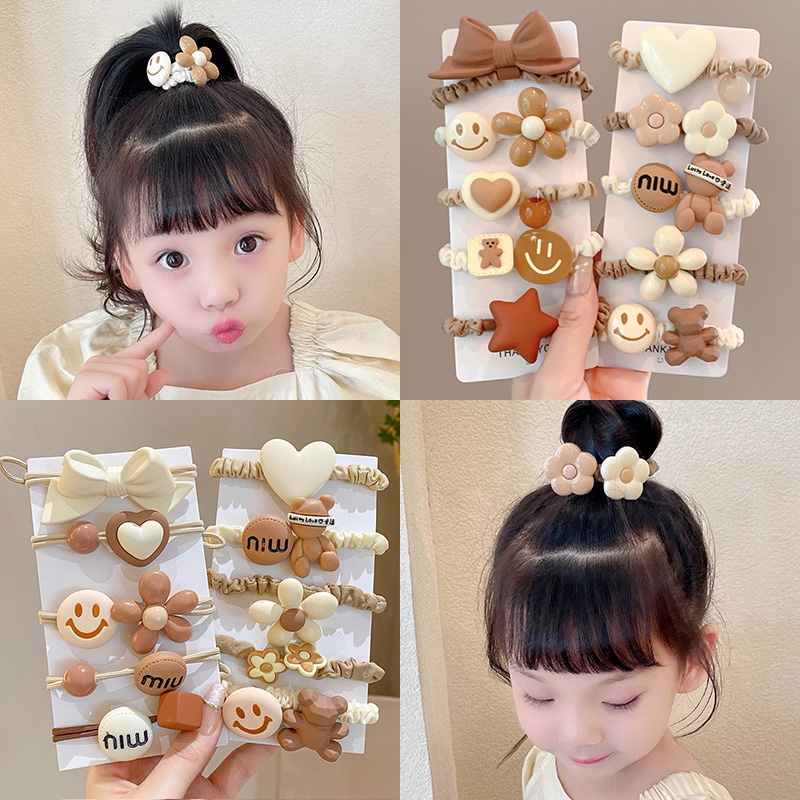 Dây Buộc Tóc Cao Su Co Giãn Hình Nơ Màu Cà Phê Sữa Dễ Thương Cho Bé