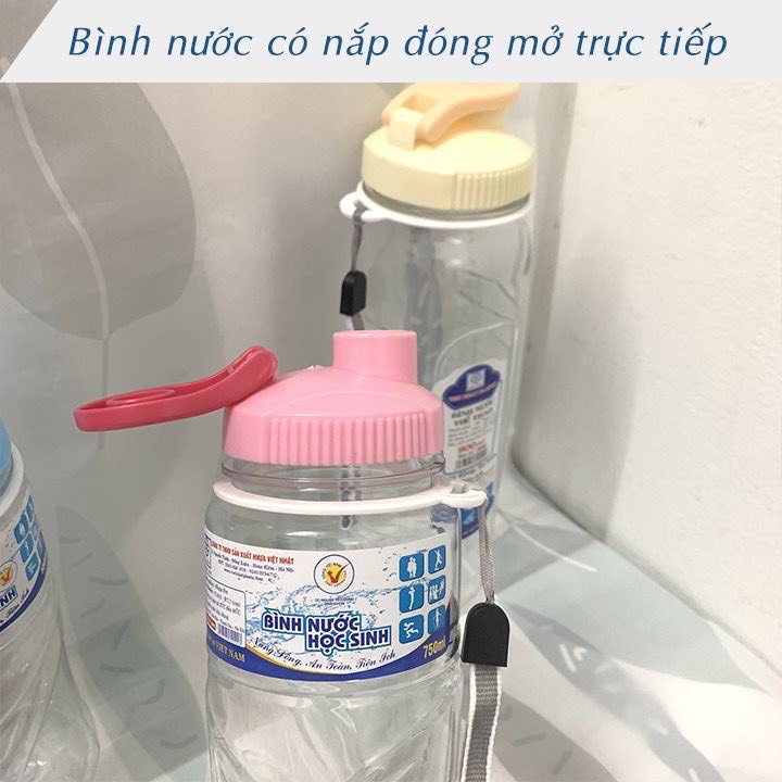 Bình nước học sinh Nhựa Việt Nhật - Bình nước nhựa nắp bật có quai xách 750Ml/900Ml