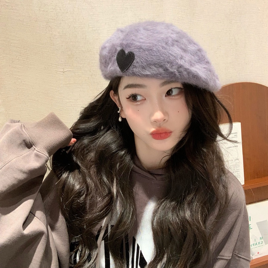 Congee Cocoa Mũ Beret Lông Thỏ Màu Trắng Thêu Hình Trái Tim Mùa Thu Đông Dành Cho Bạn Nữ