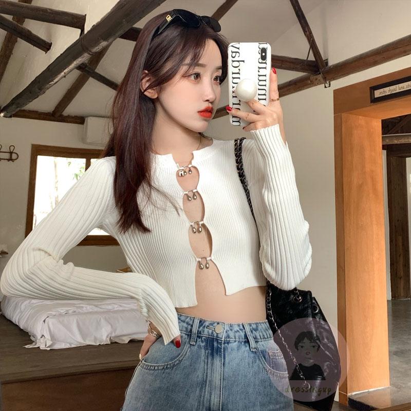 Áo Dệt Kim Dài Tay Cổ Chữ U Màu Sắc Đơn Giản Cho Nữ