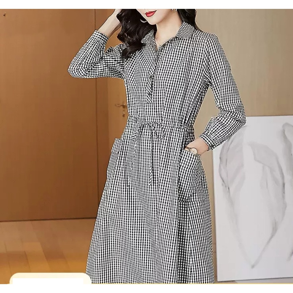 Váy sơ mi nữ dài tay, Đầm sơ mi dáng dài có túi hông kèm dây rút eo, chất thô đũi