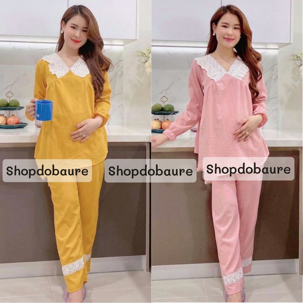 Bộ bầu và sau sinh vải đũi,cổ ren dài tay có khóa kéo cho bé bú sau sinh