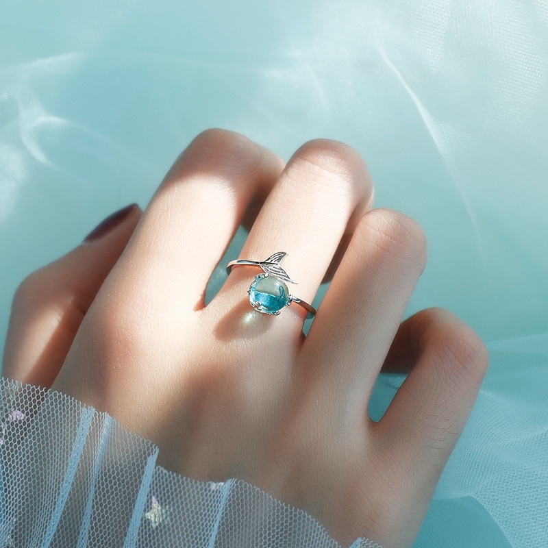 Nhẫn Hở Tùy Chỉnh Mặt Hình Đuôi Nàng Tiên Cá Đính Đá Pha Lê Xanh Dương Thời Trang Sáng Tạo Dành Cho Nữ/ Quý Cô