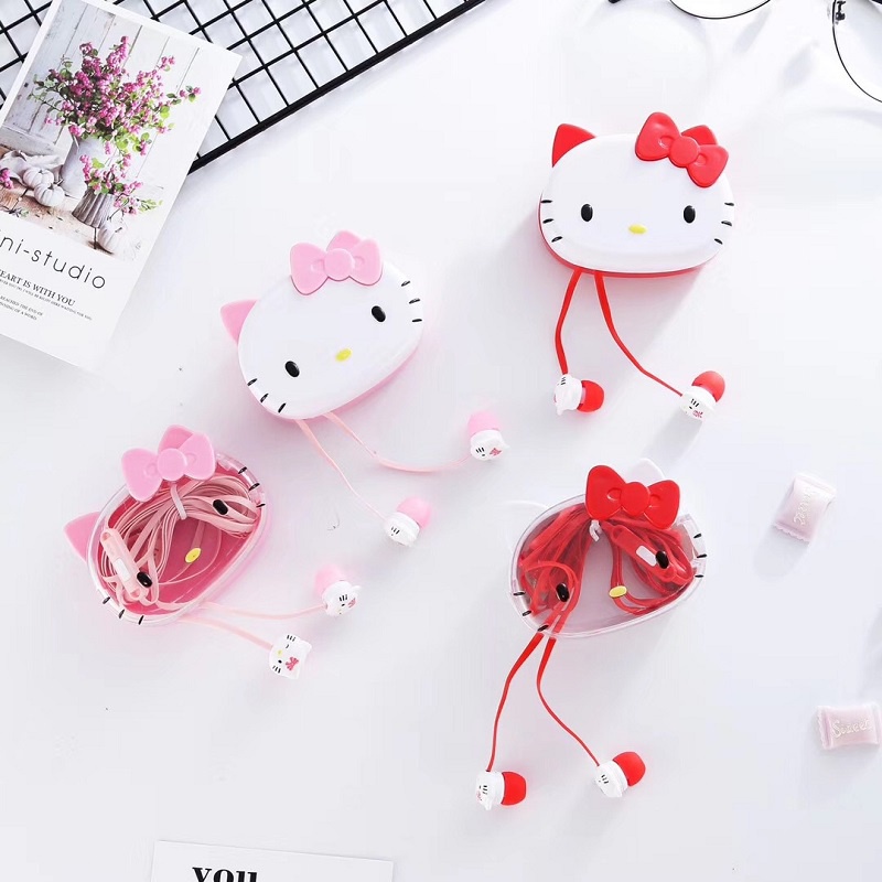 Tai Nghe Nhét Tai Có Dây Hình Hoạt Hình Disney Hello Kitty Dễ Thương Kèm Hộp Đựng