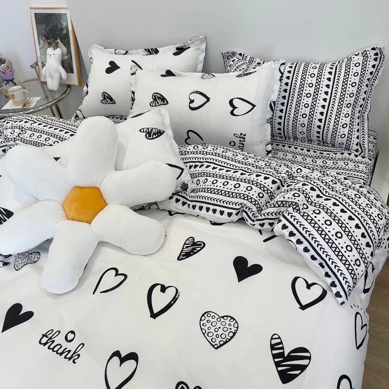 Set Bộ Vỏ Cotton Poly Tim Trắng Ghi, Chất Vải Đanh Mát _shinbedding