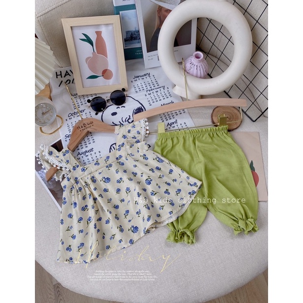 Set áo hoa đũi + quần chun ống cho bé gái