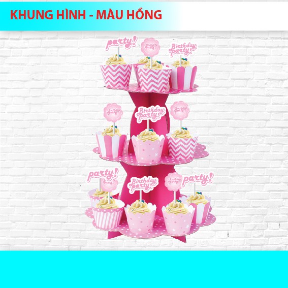 THÁP 3 TẦNG ĐỂ BÁNH CUPCAKE MÀU HỒNG