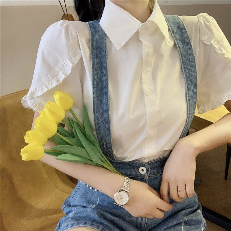 Áo sơ mi cho nữ màu trắng kiểu croptop có cổ tay bồng phong cách tiểu thư