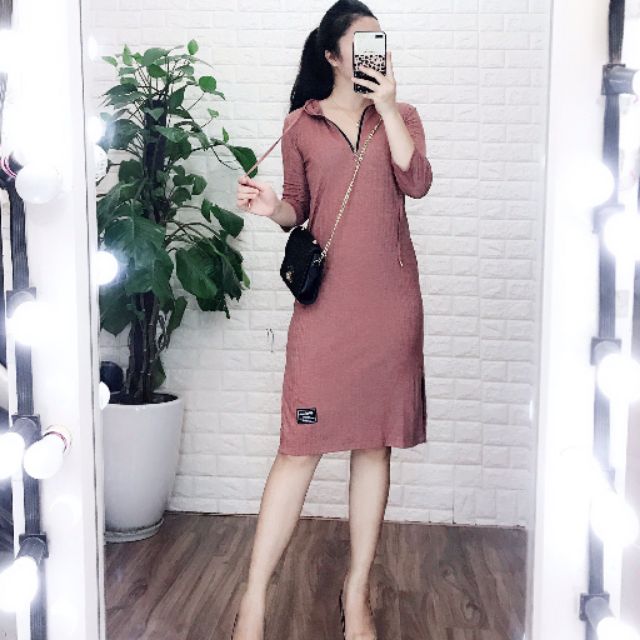 Đầm suông hoodie dáng thể thao, hàng cam xuất xịn, chất thun gân