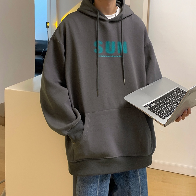 Áo hoodie nhung dày tay dài dáng rộng in chữ đơn giản phong cách Hàn Quốc size M-5XL cho bạn nam