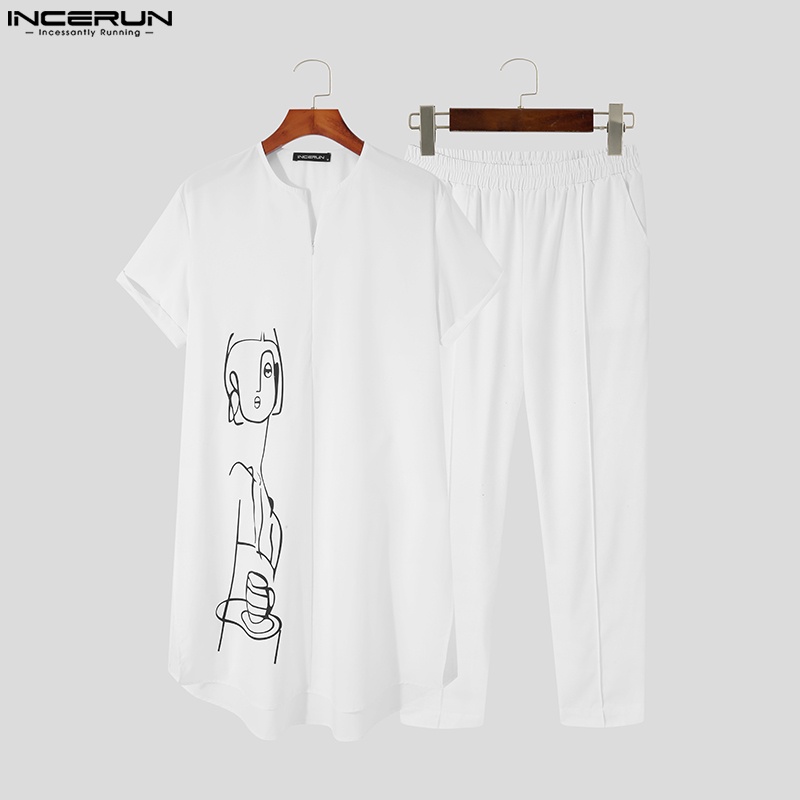 Set quần dài và áo thun tay ngắn INCERUN in họa tiết cổ điển cho nam