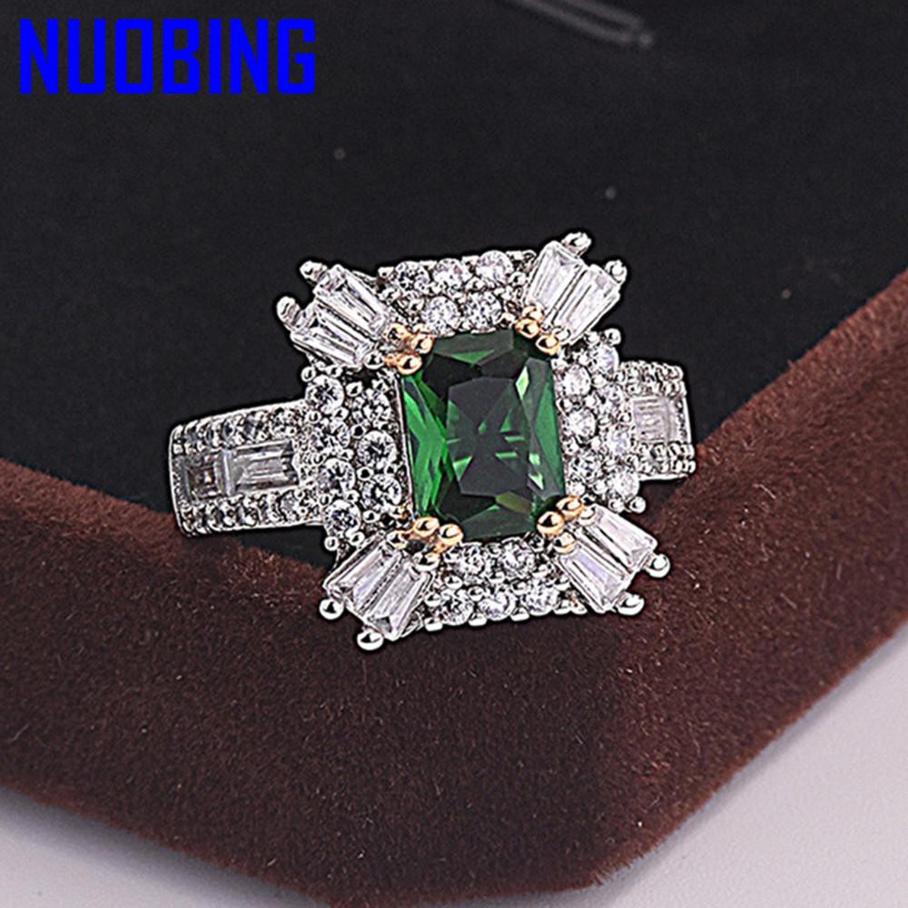 Vintage Emerald Gemstones Zircon Diamonds Rings For Women Mujer Green Crystal White Gold Silver Color Jewelry Bijoux Party Gifts|Rings|