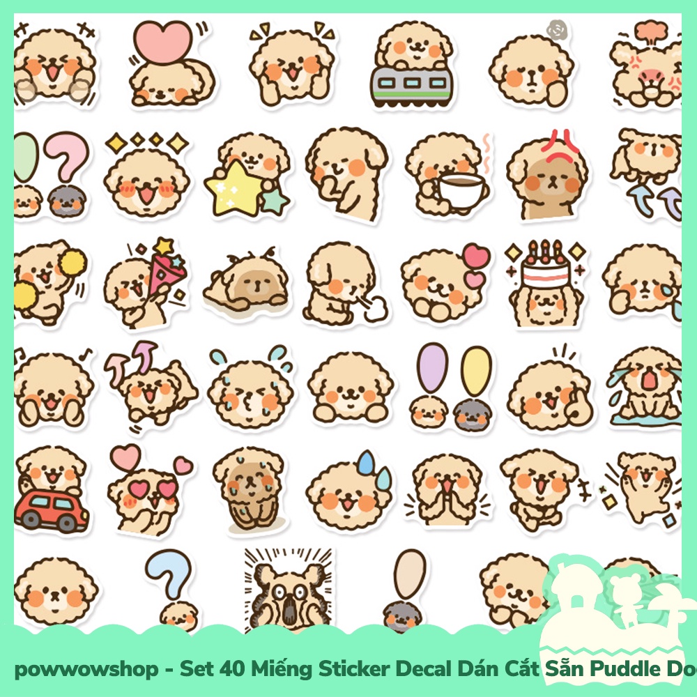 [Sẵn VN - Hỏa Tốc] Set 40 Miếng Sticker Decal Cắt Sẵn DIY Dán Trang Trí Vật Dụng Mẫu Puddle Dog Cute Action