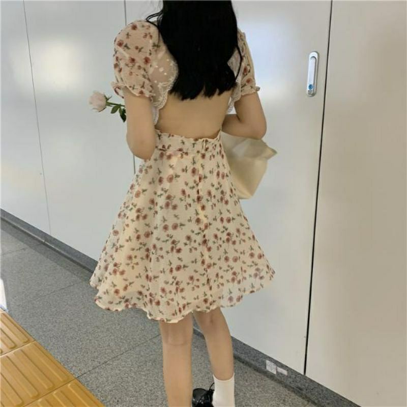 VÁY HOA NGẮN CỔ VUÔNG VIỀN REN THIẾT KẾ HỞ LƯNG 💝