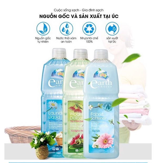 Nước Giặt/Nước Xả Vải Cao Cấp Đậm Đặc Gốc Thực Vật Earth Choice Chai 1L - Nhập Khẩu Australia