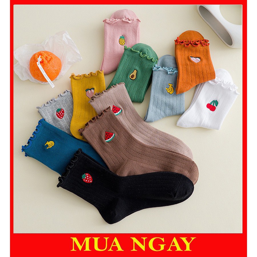 Tất nữ cổ cao bèo nhún thêu hoạt tiết trái cây cực đẹp TN85